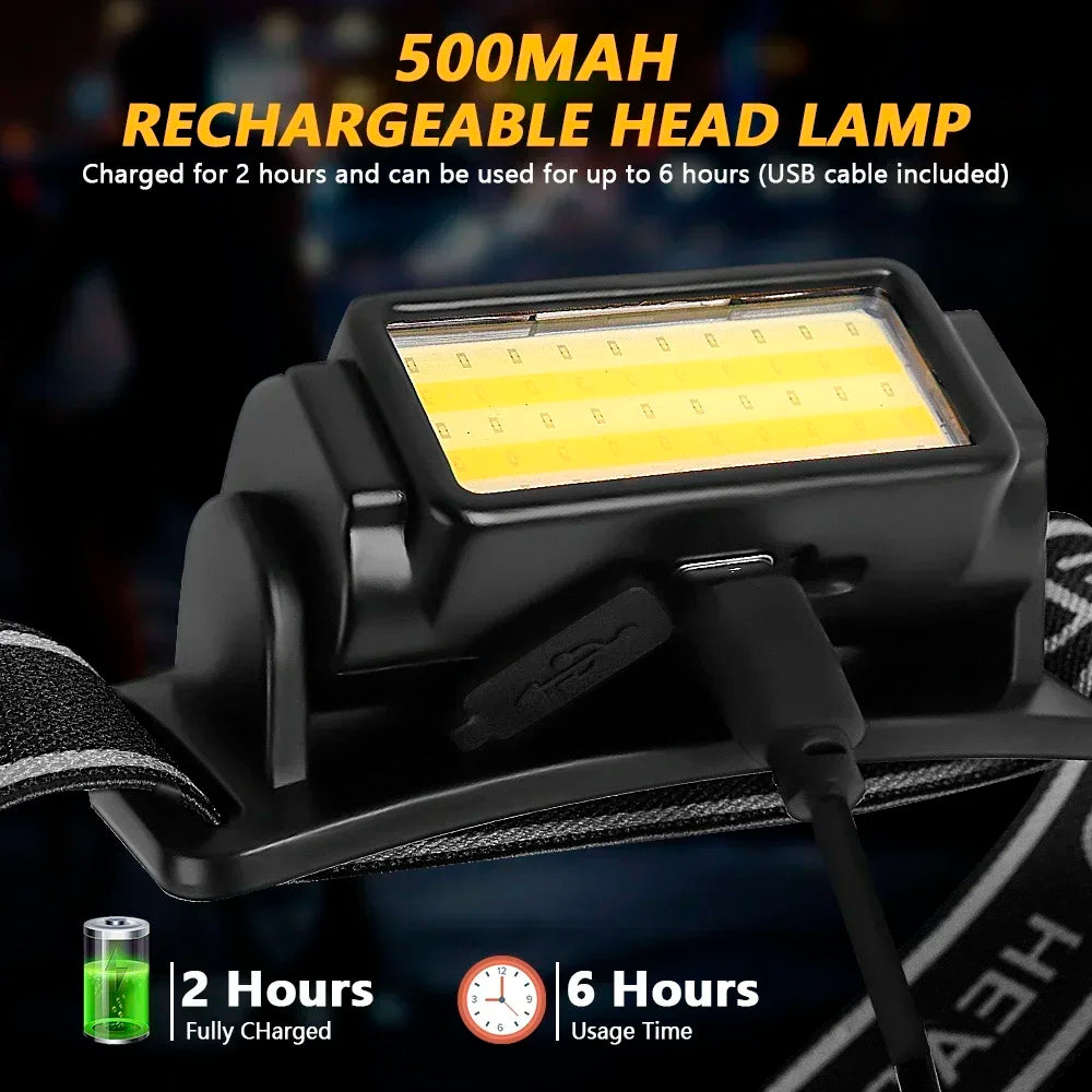 COB LED Headlamp USB to Type-C Rechargeable Battery Head Torch Lantern Headlight for Fishing