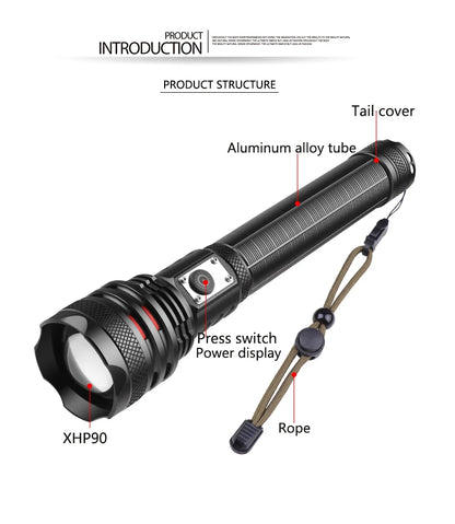 High Power P90 Led Flashlight 5Modes Torch Light 500M Long Range Flashlight with Power Bank Function with Low battery reminder