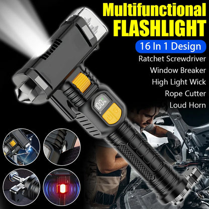 Super Bright LED Flashlight Outdoor Emergency Torch Multifunctional Working Light Broken Window Safety Hammer Red Warning Lamp