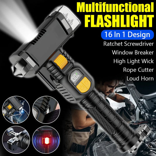 Super Bright LED Flashlight Outdoor Emergency Torch Multifunctional Working Light Broken Window Safety Hammer Red Warning Lamp