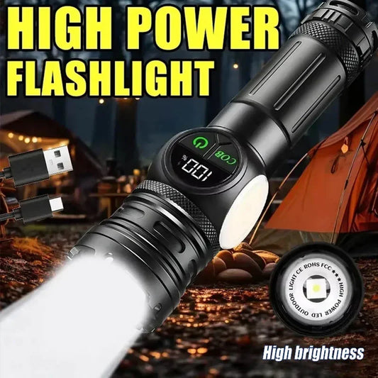 High Power LED Flashlight USB Rechargeable Light Telescopic Zoom Torch Digital Display Tail Magnetic Working Emergency Lantern