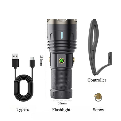 Super Bright LED Flashlight Type C Rechargeable 3 Modes Zoom Handlamp Long Range Tactical Torch Outdoor Waterproof Camping