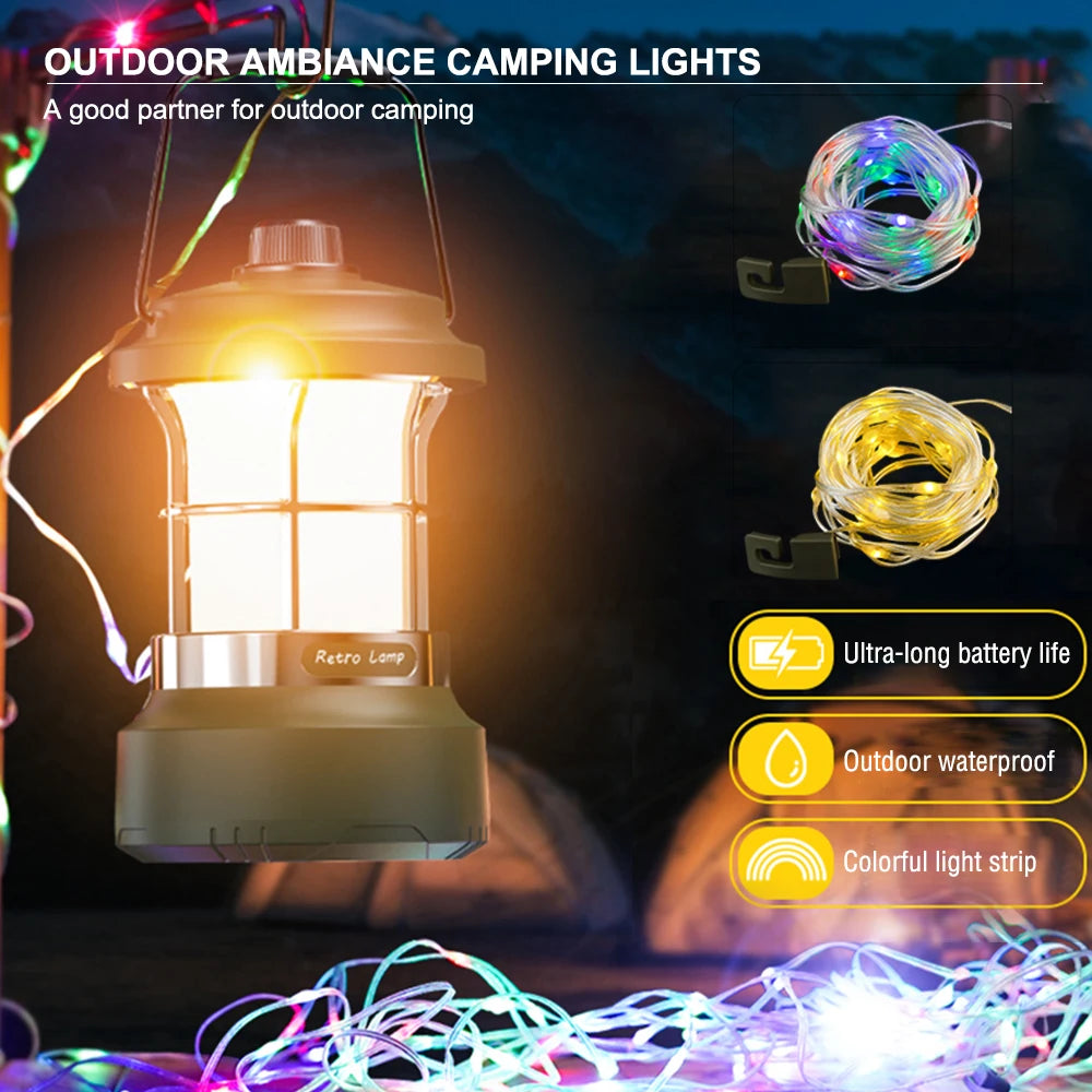 Camping Light RGB Colorful String 15M Outdoor Hanging Light Super Bright Tent Lamp