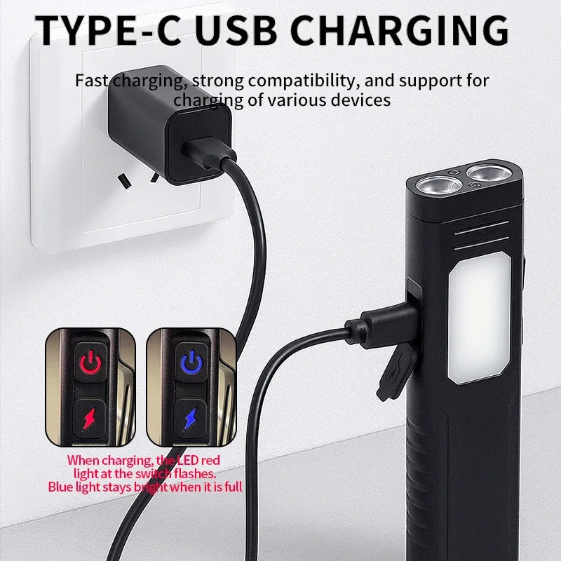 New Multi-Functional USB Rechargeable Work Light with Sound Alarm Strong Magnetic COB Aluminum Clip Pen Torch Handheld Flashlight