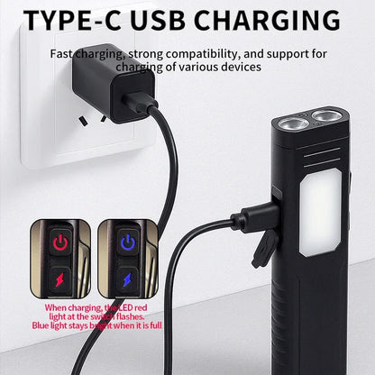 New Multi-Functional USB Rechargeable Work Light with Sound Alarm Strong Magnetic COB Aluminum Clip Pen Torch Handheld Flashlight