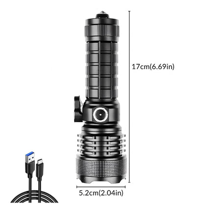 Multifunctional XHP160 Ultra-Bright LED Flashlight Type-C Charging High-Intensity Beam & Emergency Window-Breaking Tool