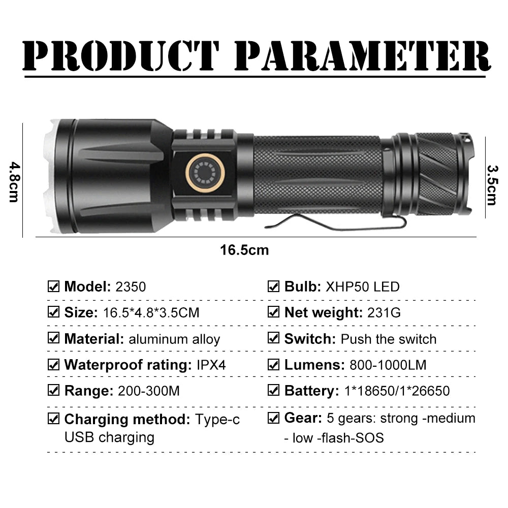 XHP50 LED Flashlight Super Brightness WIth 5 modes Spotlight IPX4 Waterproof Torch Rechargeable Lantern Emergency light