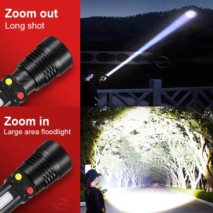 High Power LED Flashlight Multi Light Source White Light Laser Tactical Light Rechargeable Lantern Zoom Outdoor Camping Torch