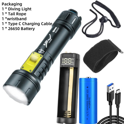 New XHP70 Diving Flashlight IPX8 Waterproof Digital Charging Case Dual-Use Underwater Land High-Intensity Flashlight