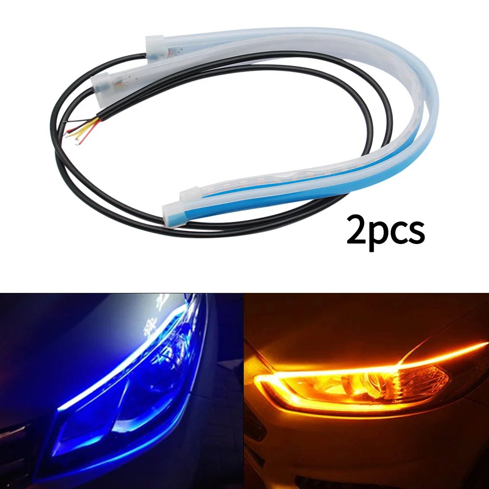 12V LED DRL Car Daytime Running Light Flexible Waterproof Strip Auto Headlights White Turn Signal Yellow Brake Flow Lights