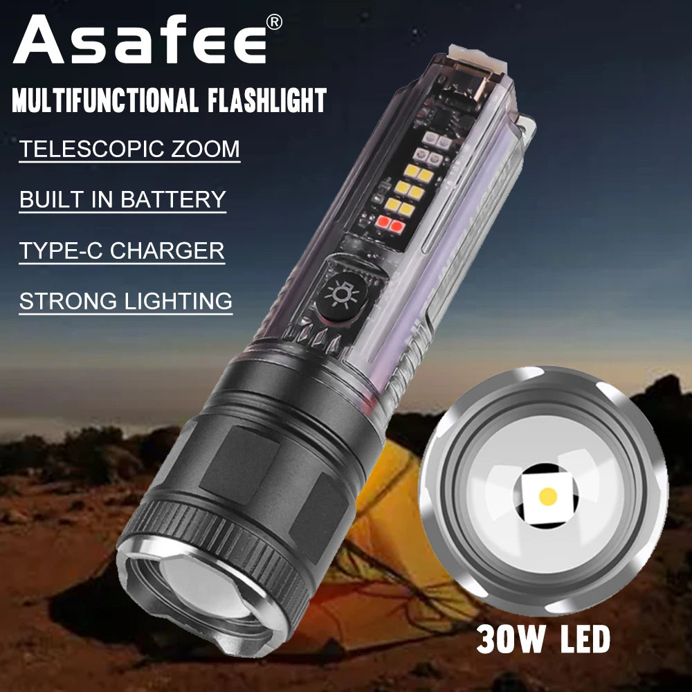 Mini Flashlight XHP50/30W LED 1000LM 1200M Range UV Light Built-in Battery Solar Rechargeable Torch Telescopic Zoom Lamp
