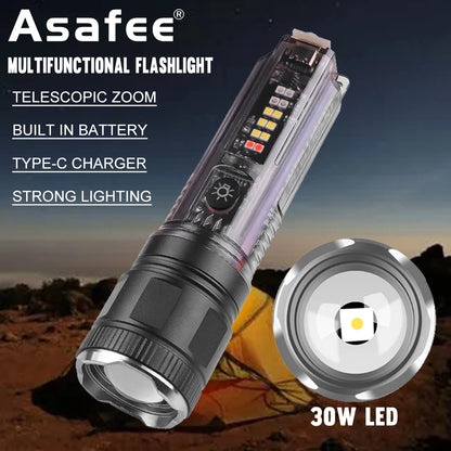 Mini Flashlight XHP50/30W LED 1000LM 1200M Range UV Light Built-in Battery Solar Rechargeable Torch Telescopic Zoom Lamp