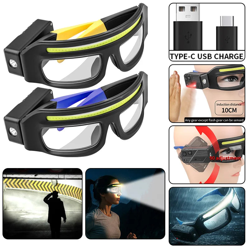 Multi Functional Goggles Wave Sensor Control, 5 Modes W/strobe, 90° Rotatable, Usb-c Rechargeable for Cycling Fishing Repair