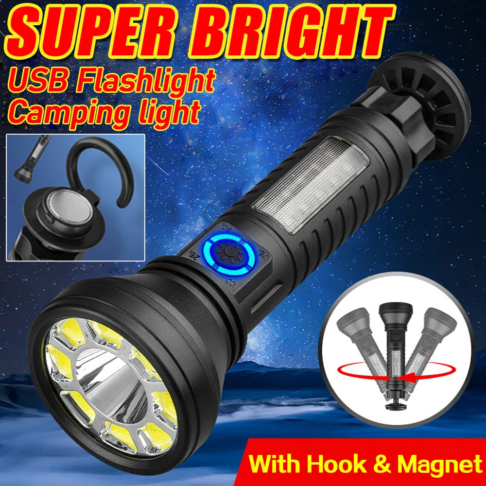 portable LED+COB flashlight USB rechargeable searchlight  hook camping torch outdoor spotlight magnetic red blue work lantern