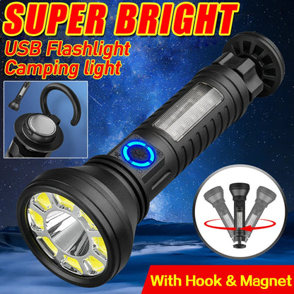 portable LED+COB flashlight USB rechargeable searchlight  hook camping torch outdoor spotlight magnetic red blue work lantern