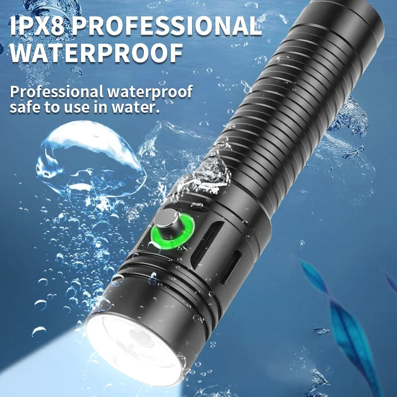 LED Professional Dive Light 100M Depth Scuba Diving Flashlight 18650 Battery Portable Ultra-Bright Flashlight