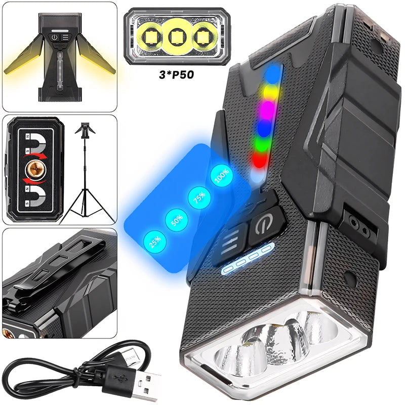 Tactical Flashlight with RGB & Side Lamp, Zoomable High Lumens, Magnetic Base & Clip for Outdoor Camping Hiking M19