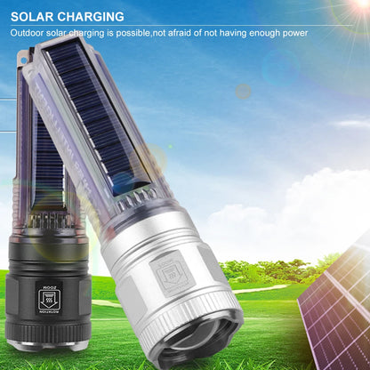 Mini Flashlight XHP50/30W LED 1000LM 1200M Range UV Light Built-in Battery Solar Rechargeable Torch Telescopic Zoom Lamp