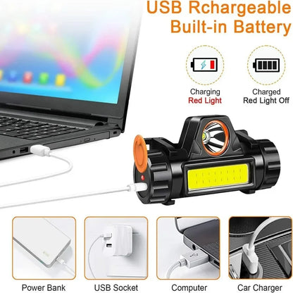 Portable Mini Powerful LED Headlamp XPE+COB USB Rechargeable Hunting Headlight Waterproof Head Torch with Tail Magnetic