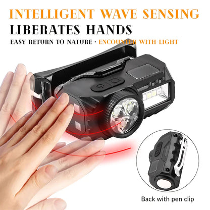 Emergency Rechargeable XPE headlight featuring pen clip, built-in battery, magnetic suction, and intelligent LED strong light
