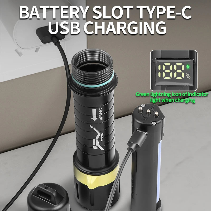 New D-411 Scuba Diving Torch XHP70 LED Flashlights 21700 USB-C Rechargeable Rotary Switch Magnetic Control  amphibious