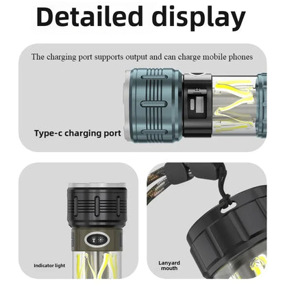 Multifunctional LED Flashlight Large Capacity Battery USB Rechargeable Dual Light Tactical Flashlight Outdoor Emergency Camping