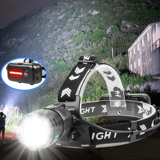 Powerful Headlamp High Power LED Headlight 3 Modes Head Flashlight With Warning Light Camping Fishing Hunting Lights