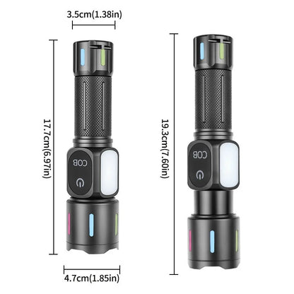 USB Rechargeable Flashlight COB Side Light Battery Indicator Telescopic Zoom Super Bright for Camping Hiking Emergency Lighting