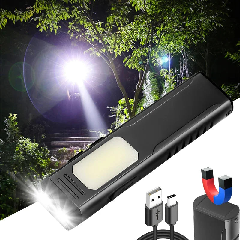 New Multi-Functional USB Rechargeable Work Light with Sound Alarm Strong Magnetic COB Aluminum Clip Pen Torch Handheld Flashlight